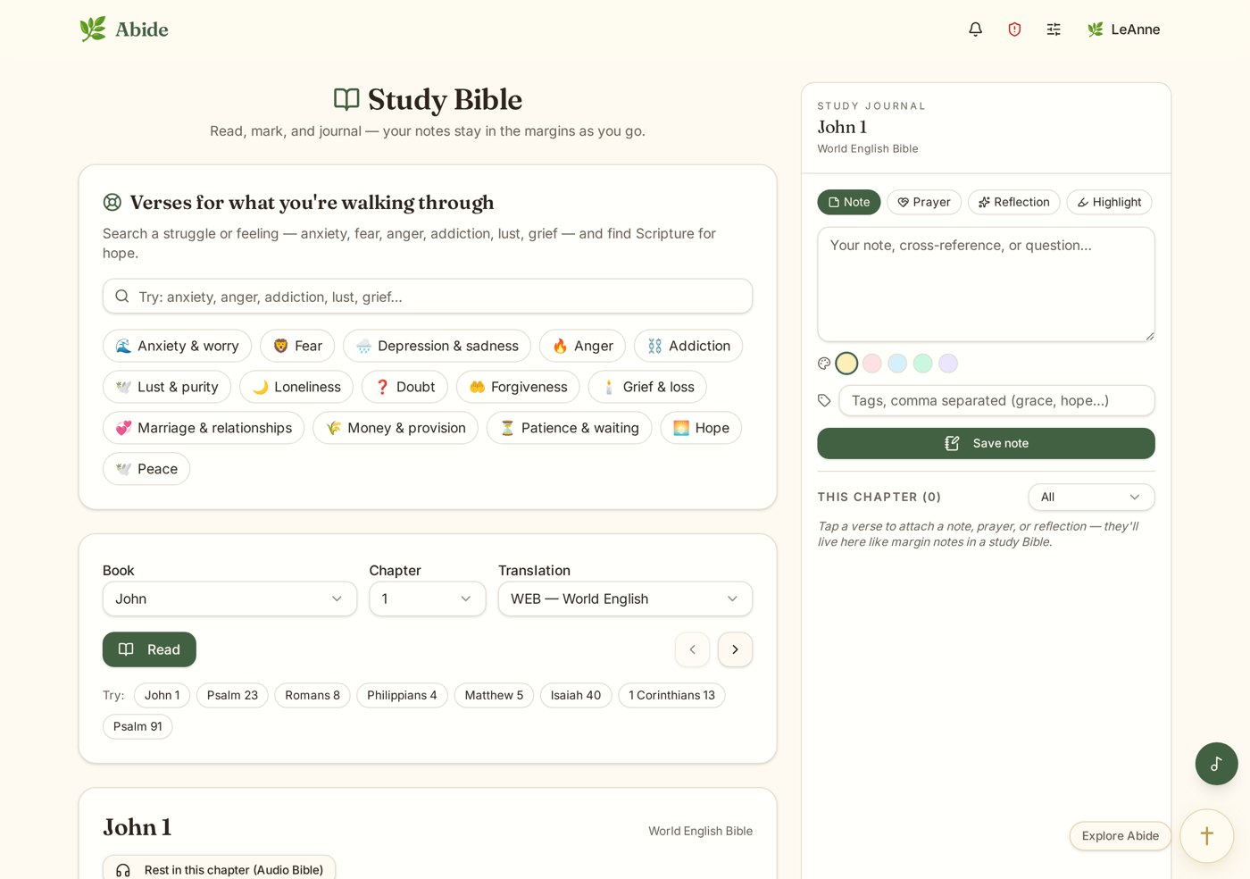 The Abide study Bible with verse notes in the margin