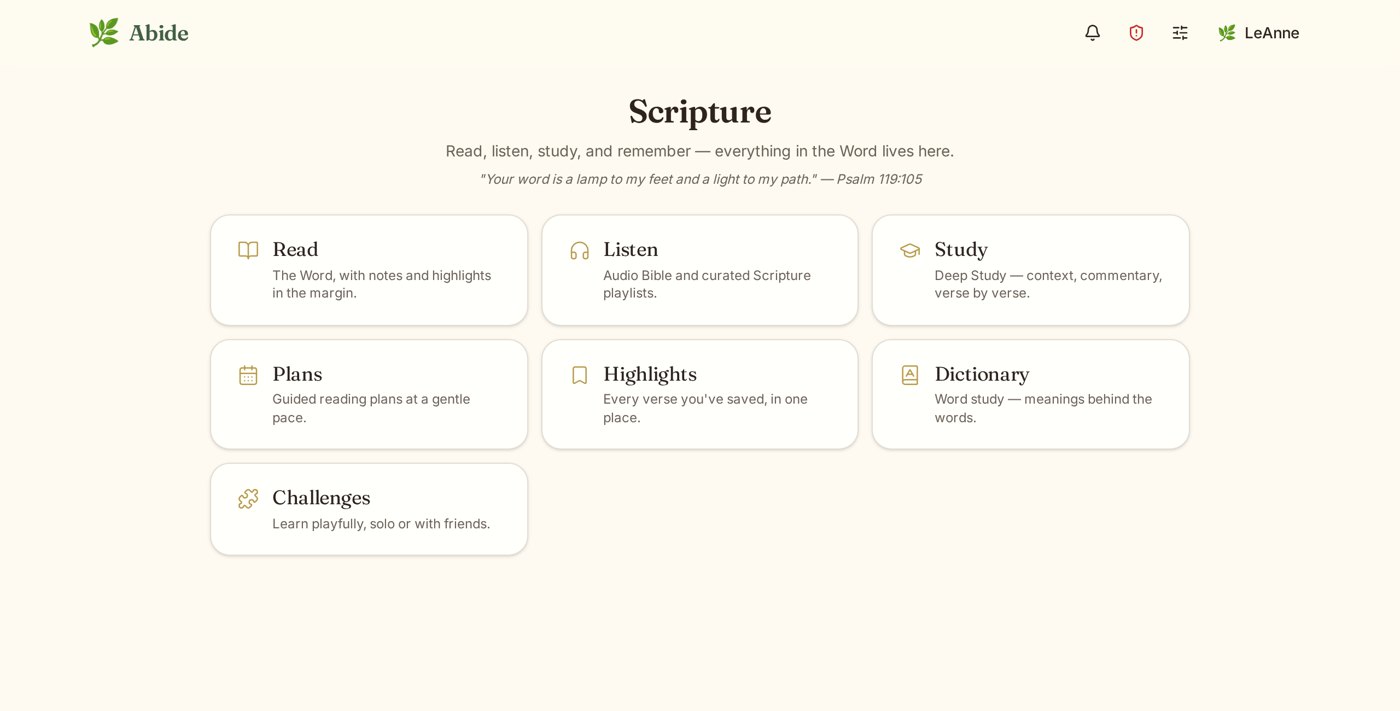 The Scripture hub in Abide with Read, Listen, Study, Plans, Highlights and Challenges